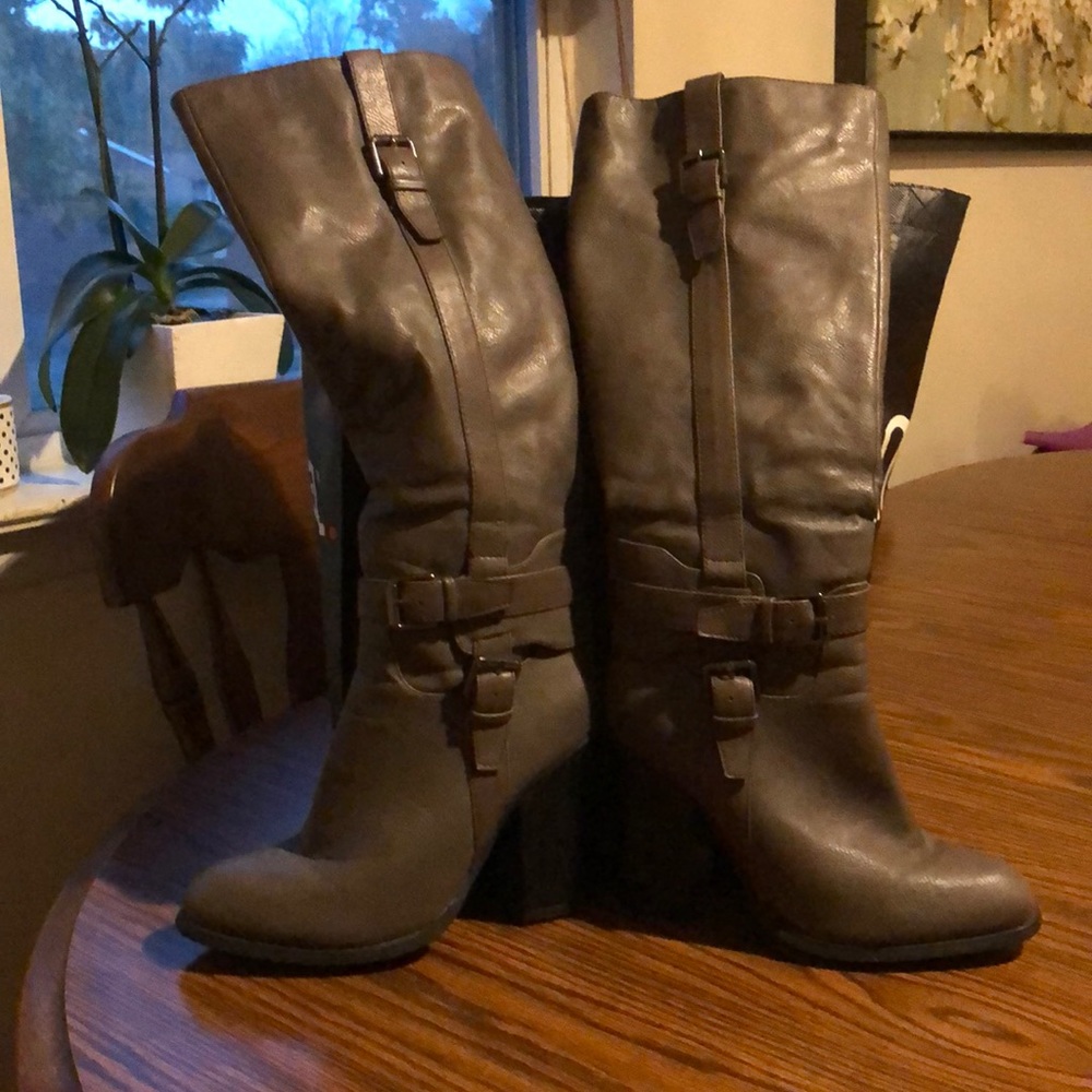 Grey knee high boots